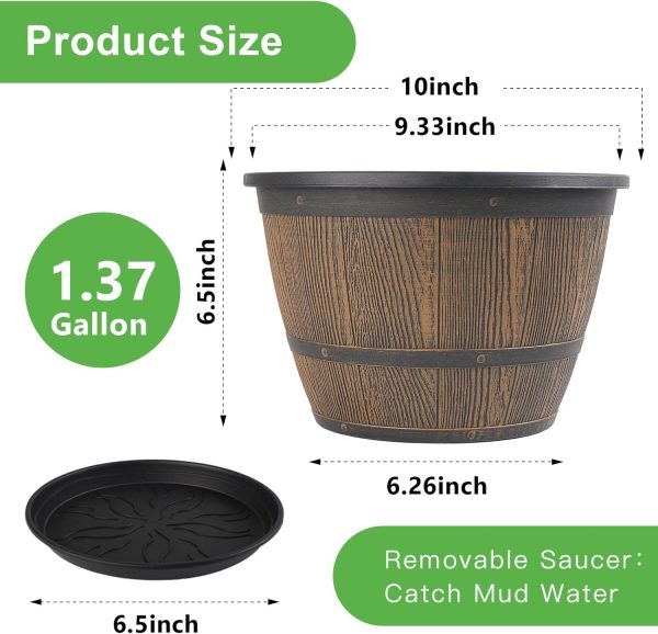 10-inch-Plant-Pots-Indoor-Outdoor, 4 Pack Whiskey Barrel Planters with Drainage Holes & Saucer, Plastic Flower Pots Imitation Wine Barrel Design, Decorative Garden Pots for Plants - Image 3