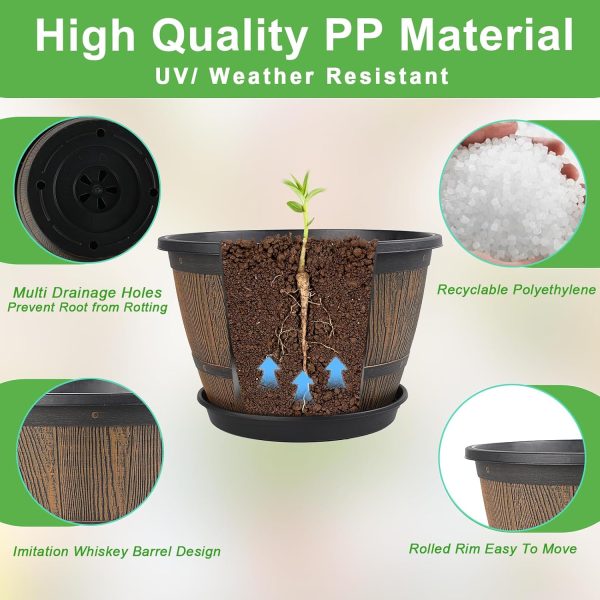 10-inch-Plant-Pots-Indoor-Outdoor, 4 Pack Whiskey Barrel Planters with Drainage Holes & Saucer, Plastic Flower Pots Imitation Wine Barrel Design, Decorative Garden Pots for Plants - Image 4