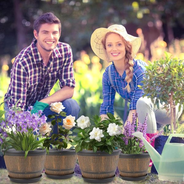 10-inch-Plant-Pots-Indoor-Outdoor, 4 Pack Whiskey Barrel Planters with Drainage Holes & Saucer, Plastic Flower Pots Imitation Wine Barrel Design, Decorative Garden Pots for Plants - Image 5