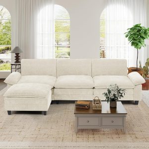 118" Modular Sectional Sofa,Comfy Cloud Couch Sectional Sofa with Ottoman,L Shaped 4-Seat Chenille Sleeper Deep Seat Sofas for Living Room,Bedroom and Apartment,Beige