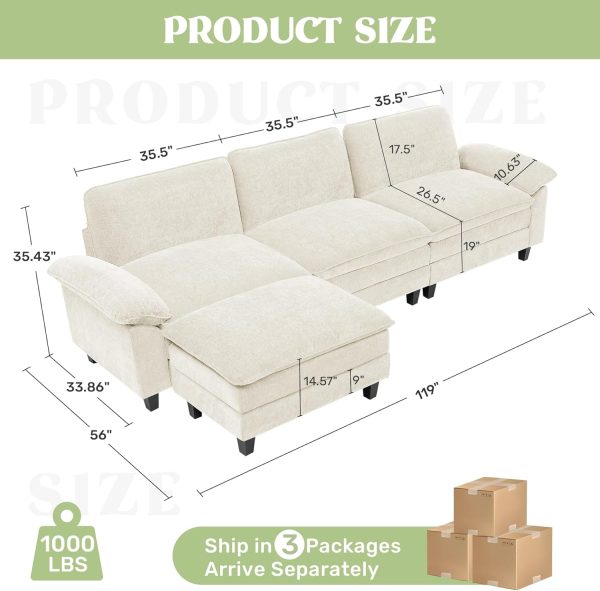 118" Modular Sectional Sofa,Comfy Cloud Couch Sectional Sofa with Ottoman,L Shaped 4-Seat Chenille Sleeper Deep Seat Sofas for Living Room,Bedroom and Apartment,Beige - Image 2