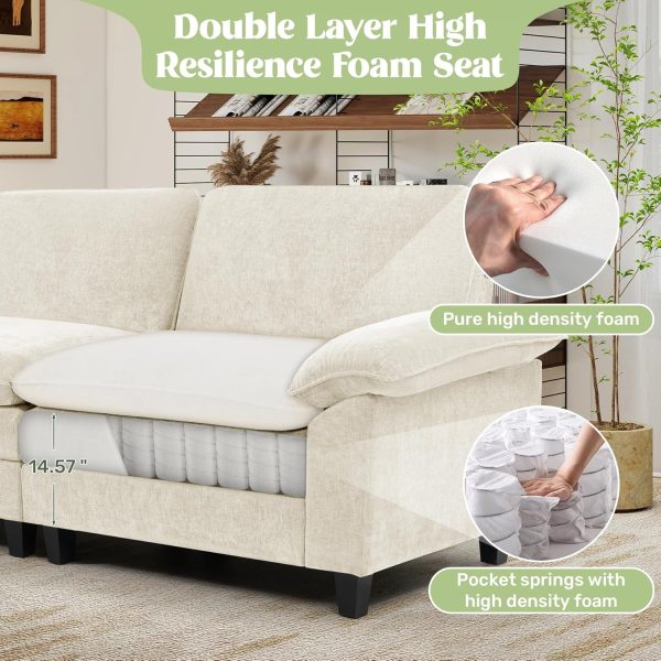 118" Modular Sectional Sofa,Comfy Cloud Couch Sectional Sofa with Ottoman,L Shaped 4-Seat Chenille Sleeper Deep Seat Sofas for Living Room,Bedroom and Apartment,Beige - Image 5