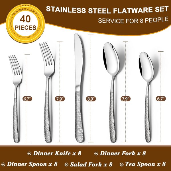 40-Piece Hammered Silverware Set, Deedro Stainless Steel Heavy Duty Flatware Set for 8, Food-Grade Tableware Cutlery Set, Utensil Sets for Home Restaurant, Mirror Finish, Dishwasher Safe - Image 2