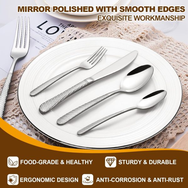 40-Piece Hammered Silverware Set, Deedro Stainless Steel Heavy Duty Flatware Set for 8, Food-Grade Tableware Cutlery Set, Utensil Sets for Home Restaurant, Mirror Finish, Dishwasher Safe - Image 3