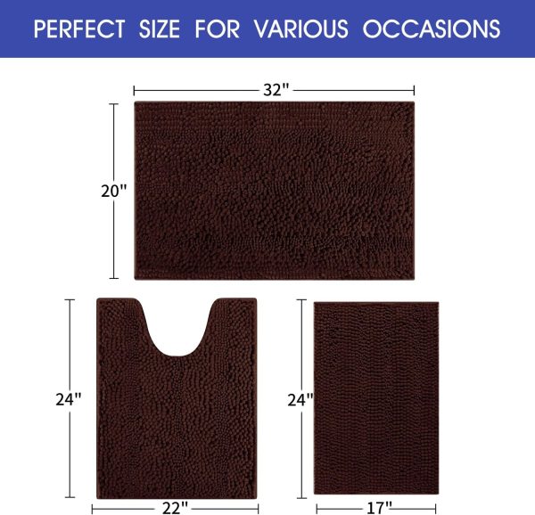 ACCUMTEK Striped Brown Bathroom Rug Set 3 Pieces Ultra Soft, Non Slip Chenille Toilet Mat, Absorbent Plush Shaggy Bath Mats for Bathroom, Bedroom, Kitchen - Image 2