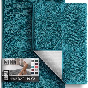 Hearth & Harbor Bathroom Rugs Sets 2 Piece, Chenille Bath Mat Set - Machine Washable Bath Mats for Bathroom Non-Slip Backing Rubber Quick Dry Bathroom Mat - Teal Bath Rug, 17x24-20x32