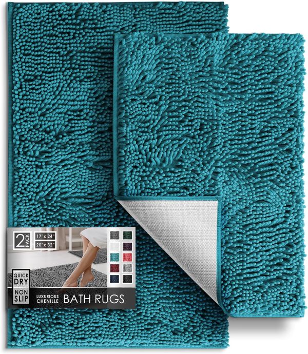 Hearth & Harbor Bathroom Rugs Sets 2 Piece, Chenille Bath Mat Set - Machine Washable Bath Mats for Bathroom Non-Slip Backing Rubber Quick Dry Bathroom Mat - Teal Bath Rug, 17x24-20x32