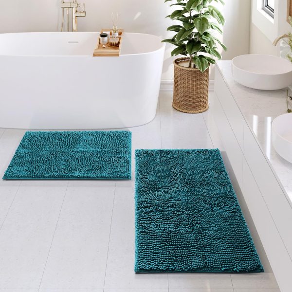 Hearth & Harbor Bathroom Rugs Sets 2 Piece, Chenille Bath Mat Set - Machine Washable Bath Mats for Bathroom Non-Slip Backing Rubber Quick Dry Bathroom Mat - Teal Bath Rug, 17x24-20x32 - Image 2