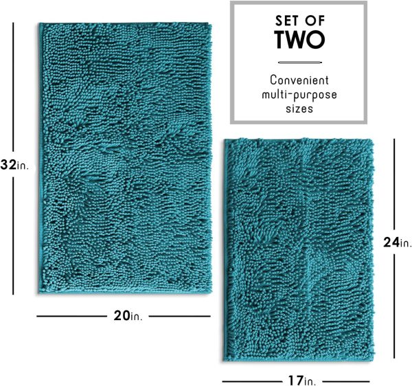 Hearth & Harbor Bathroom Rugs Sets 2 Piece, Chenille Bath Mat Set - Machine Washable Bath Mats for Bathroom Non-Slip Backing Rubber Quick Dry Bathroom Mat - Teal Bath Rug, 17x24-20x32 - Image 3