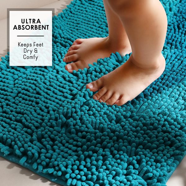 Hearth & Harbor Bathroom Rugs Sets 2 Piece, Chenille Bath Mat Set - Machine Washable Bath Mats for Bathroom Non-Slip Backing Rubber Quick Dry Bathroom Mat - Teal Bath Rug, 17x24-20x32 - Image 4