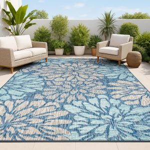 JONATHAN Y SMB110C-9 Zinnia Modern Floral Textured Weave Indoor Outdoor Area Rug Bohemian Coastal Easy Cleaning Bedroom Kitchen Backyard Patio Non Shedding, 9 X 12, Navy/Aqua