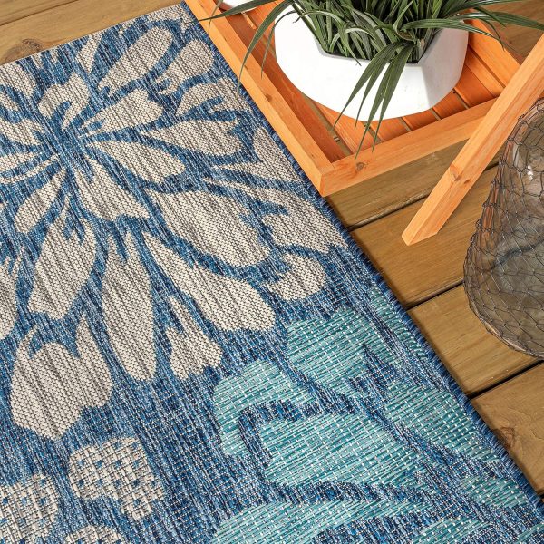 JONATHAN Y SMB110C-9 Zinnia Modern Floral Textured Weave Indoor Outdoor Area Rug Bohemian Coastal Easy Cleaning Bedroom Kitchen Backyard Patio Non Shedding, 9 X 12, Navy/Aqua - Image 7