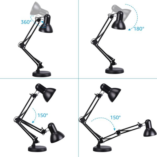 TORCHSTAR Metal Desk Lamp with Clamp, Swing Arm, Architect Adjustable Gooseneck Table Lamp, Clip Desk Lights for Home Office, Work, Study, Reading, E26 Base, Multi-Joint, Black - Image 5