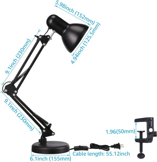 TORCHSTAR Metal Desk Lamp with Clamp, Swing Arm, Architect Adjustable Gooseneck Table Lamp, Clip Desk Lights for Home Office, Work, Study, Reading, E26 Base, Multi-Joint, Black - Image 6