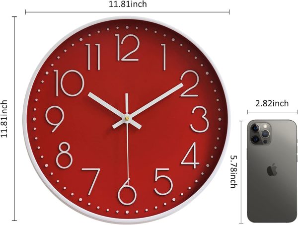 Wall Clocks Battery Operated Non-Ticking Red Clock 12 Inch Kitchen Wall Clock Quartz Silent Movement Large Decorative Clock Arabic Numerical for Home Office Decor - Red - Image 2