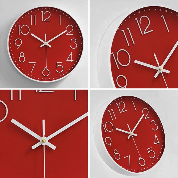 Wall Clocks Battery Operated Non-Ticking Red Clock 12 Inch Kitchen Wall Clock Quartz Silent Movement Large Decorative Clock Arabic Numerical for Home Office Decor - Red - Image 3