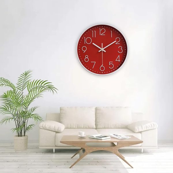 Wall Clocks Battery Operated Non-Ticking Red Clock 12 Inch Kitchen Wall Clock Quartz Silent Movement Large Decorative Clock Arabic Numerical for Home Office Decor - Red - Image 5